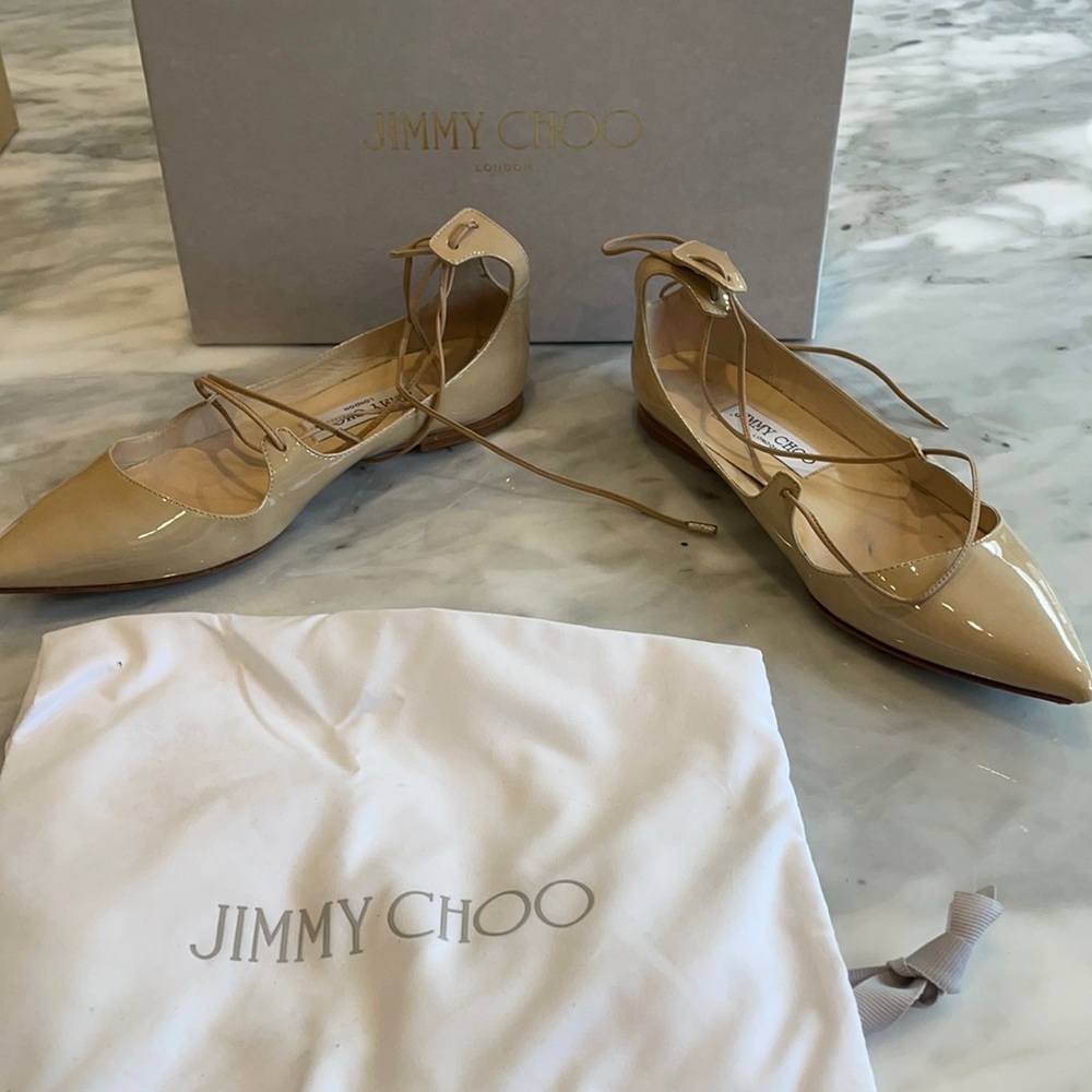 Jimmy Choo flat patent nude tie up